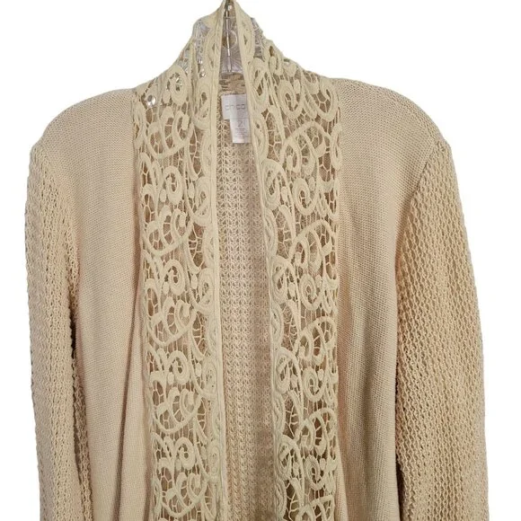 Chico's 2 Size L Cardigan Open Leslie Lace Front Long Jacket Cotton Blend Beige - Picture 7 of 10